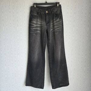 SHEIN 27 Wide Leg Charcoal Black High Waist Whiskered Jeans